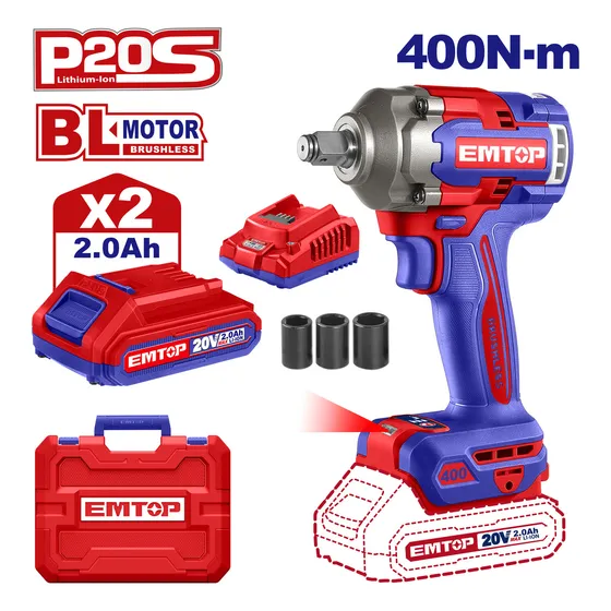 Llave De Impacto 20v S/carbones 400nm + 2bat Emtop Eciwl2040